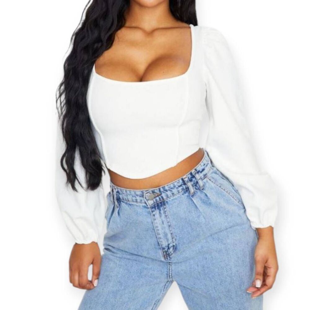 PrettyLittleThing White Square Neck Puff Sleeve Crop Top